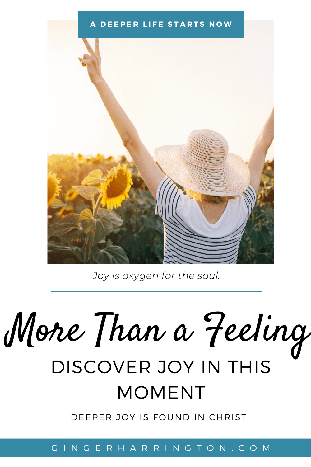 Woman in a hat with arms raised overlooks a field of sunflowers. Photo illustrates blog post on joy.