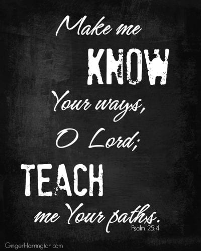 White text on chalkboard background of Psalm 25:4 for post on praying for God's guidance and direction.