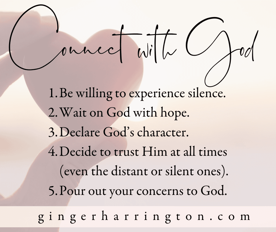 5 ways to connect with God from Psalm 62:5-8. Silence can deepen our relationship with God, but it isn’t always easy. Are you becoming more comfortable with silence in your relationship with God? #Spiritualgrowth #silenceandsolitude