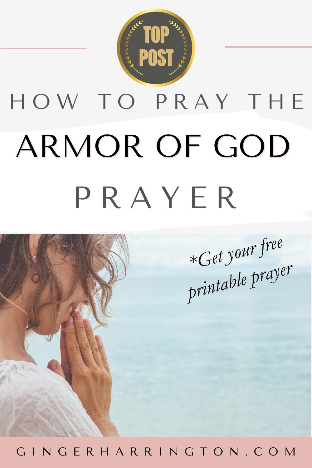 Close up of woman praying illustrates article on armor of god prayer.