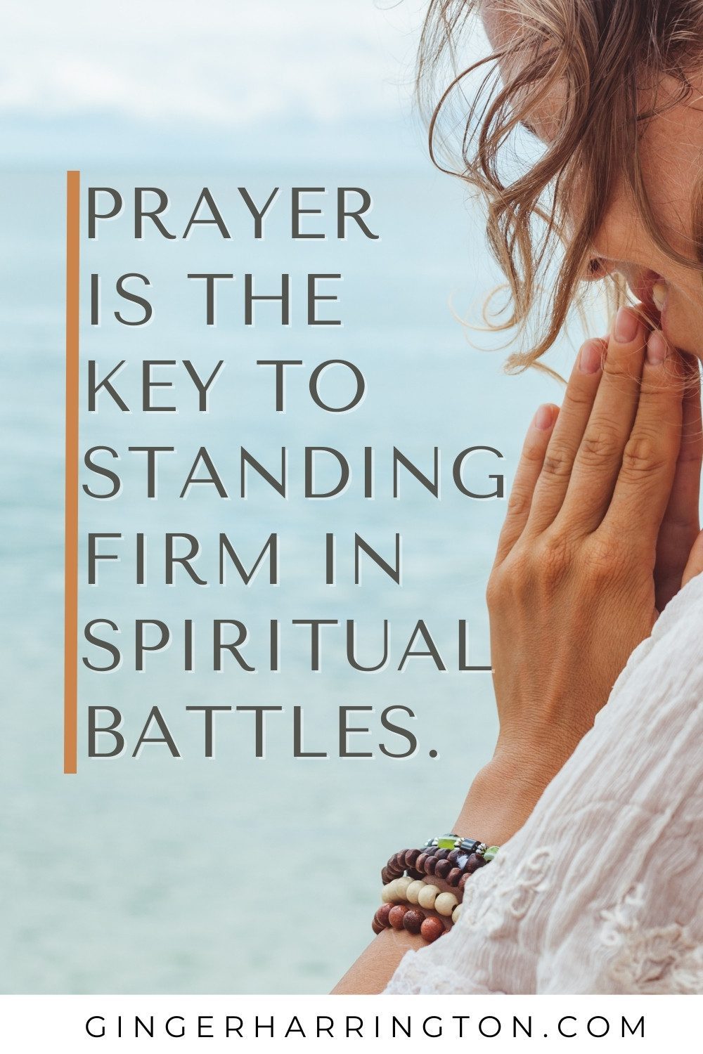 Close up of woman praying beside water is background for a quote on armor of god prayer.