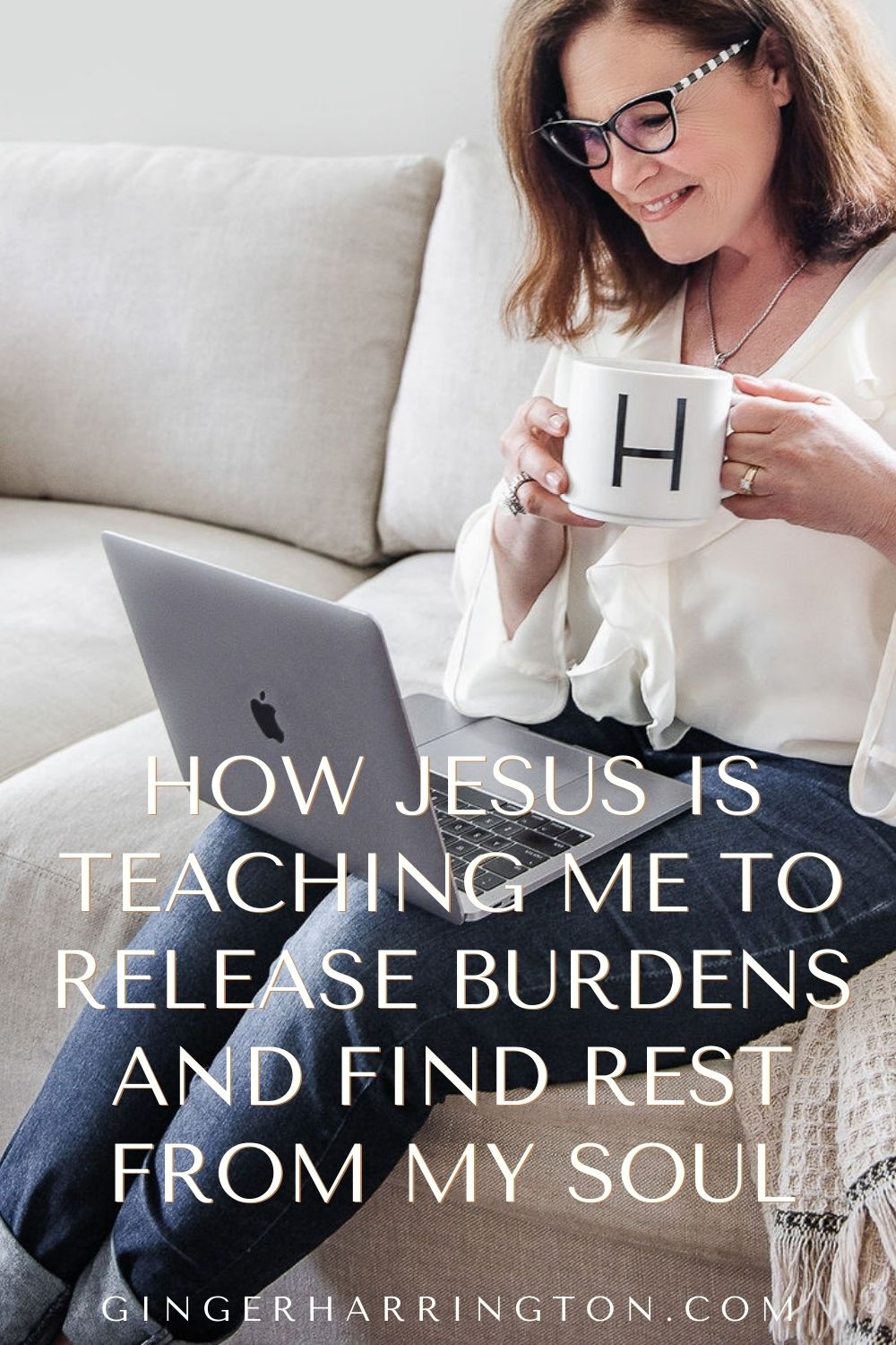 Woman holding a much works on computer for post on finding soul rest.