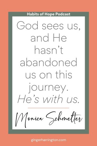 Inspirational quote graphic with green and coral frame reading, “God sees us, and He hasn’t abandoned us on this journey. He’s with us,” attributed to Monica Schmelter and branded for the Habits of Hope Podcast.