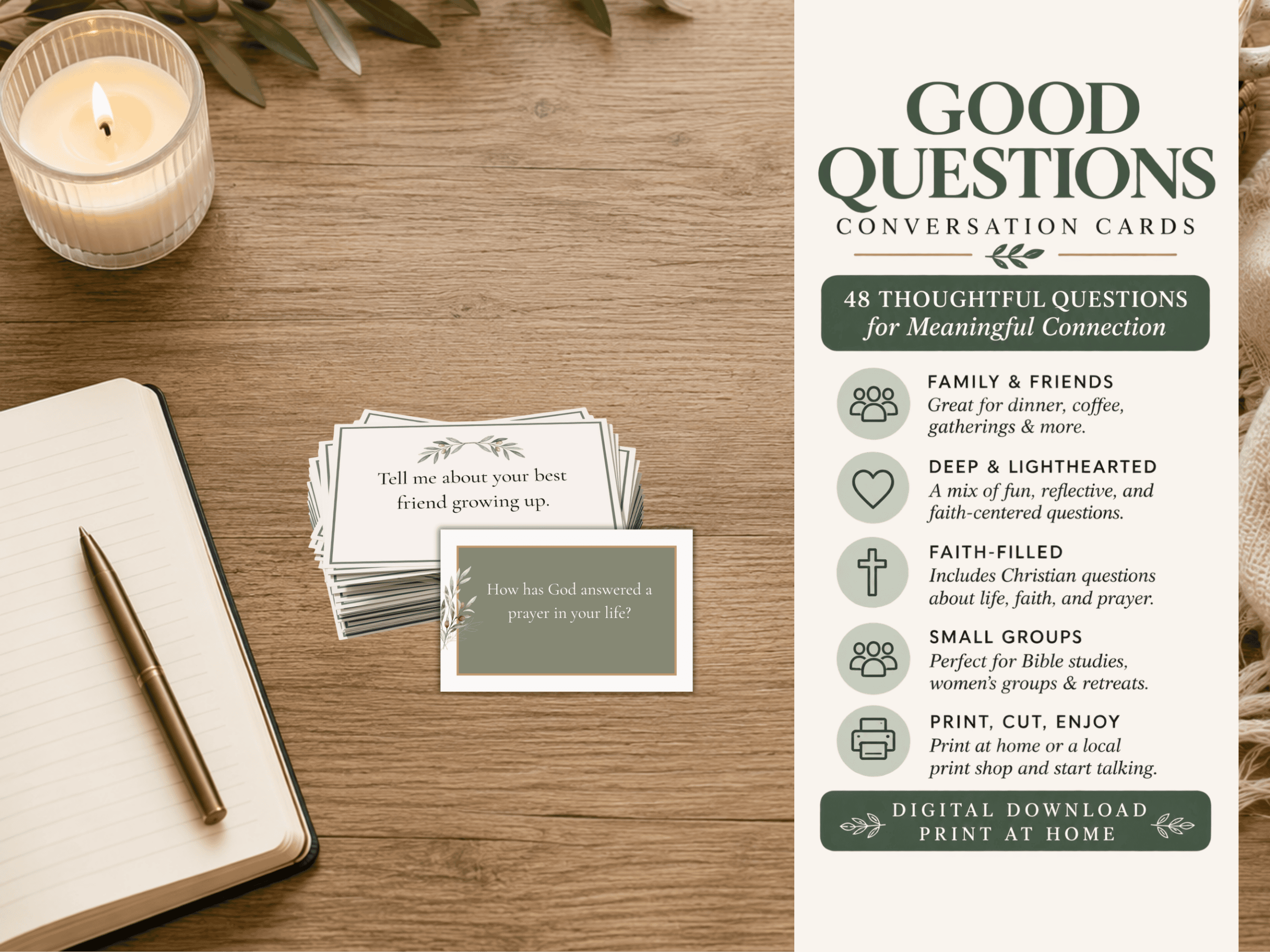 Stack of Good Questions conversation cards beside a cream place setting on a warm wood table. The graphic highlights meaningful conversations, faith-filled questions, family gatherings, and connection.