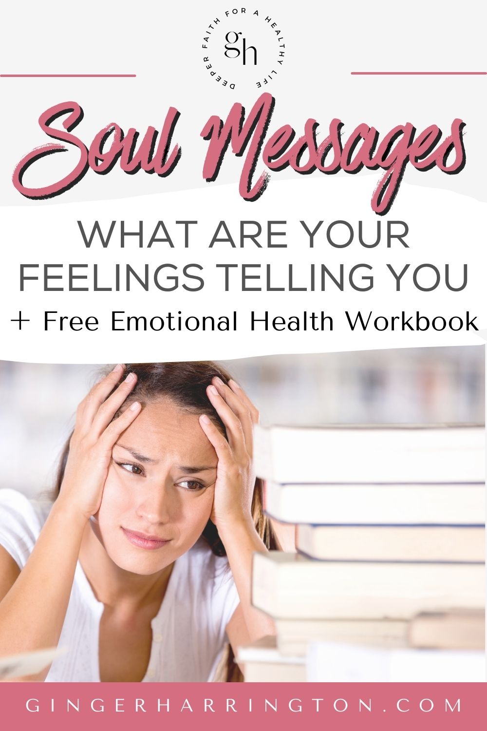 Woman holds head in her hands looking at a stack of books. She has a discouraged look on her face illustrating an article on feelings.