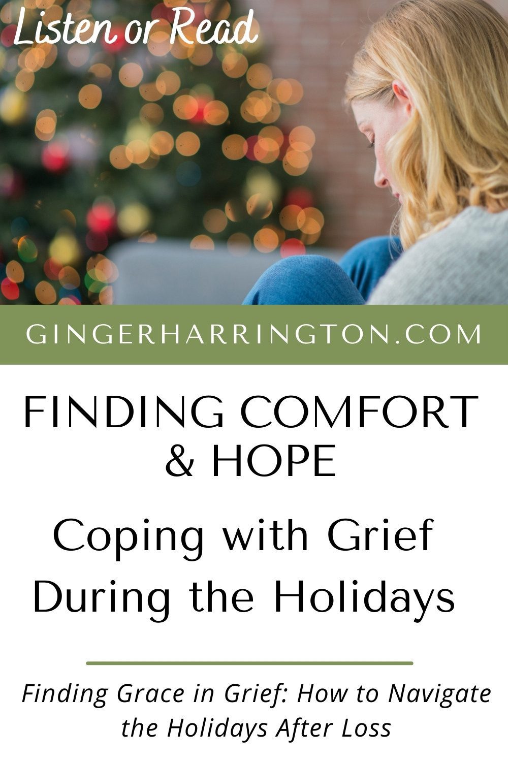 Side view of woman hugging knees looking at Christmas tree illustrates blog and podcast on grief during holidays.