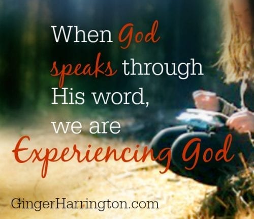 Partial view of girl sitting on ground with a quote about how God speaks through His word.