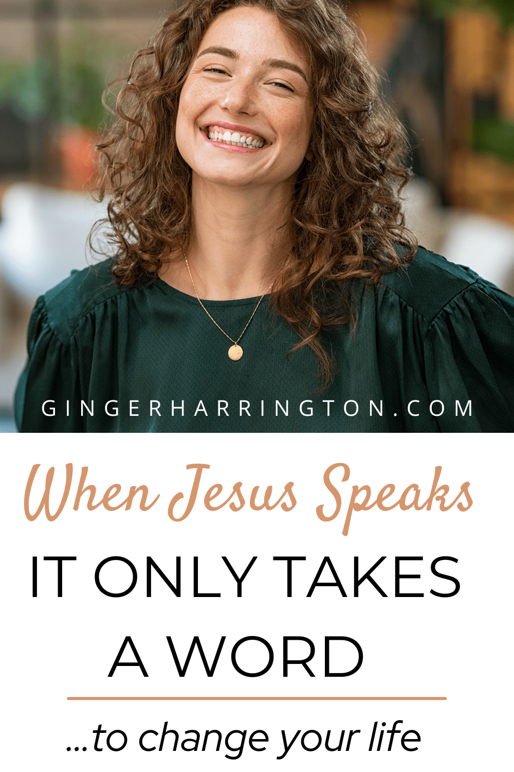 Woman in a green top smiles to show the difference hearing Jesus speak to you can make.