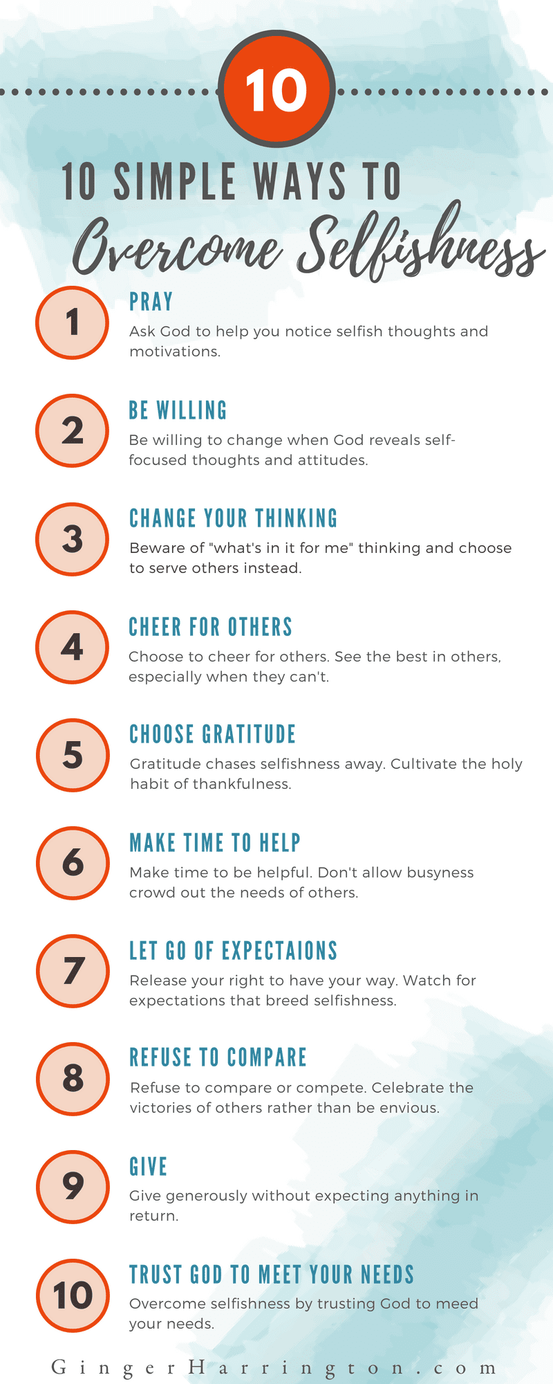 10 Simple Ways to Overcome Selfishness Infographic from GingerHarrington, author of Holy in the Moment.