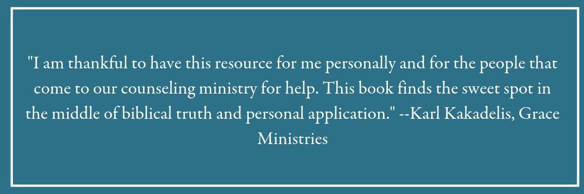 "I am thankful to have this resource for me personally and for the people that come to our counseling ministry for help. This book finds the sweet spot in the middle of biblical truth and personal application." --Karl Kakadelis, Grace Ministries. Blue box with quote from a reader of the book, Holy in the Moment.