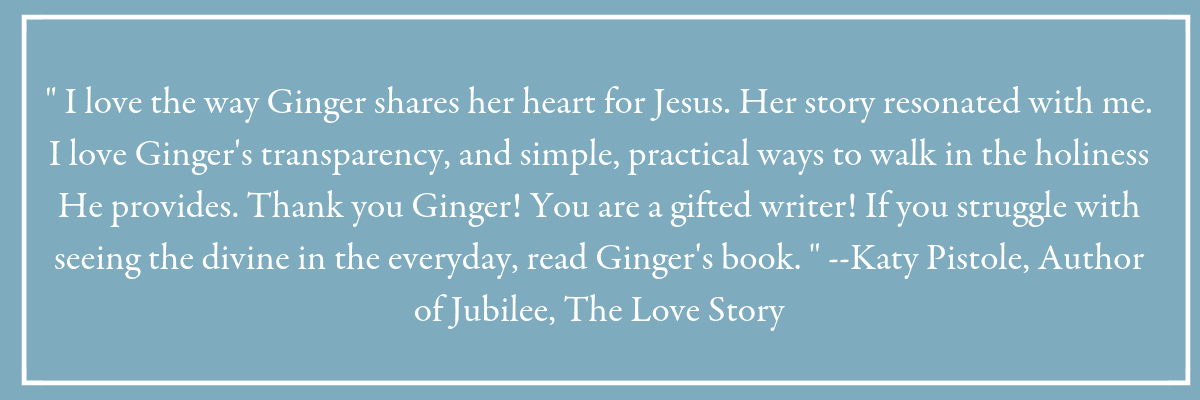  " I love the way Ginger shares her heart for Jesus. Her story resonated with me. I love Ginger's transparency, and simple, practical ways to walk in the holiness He provides. Thank you Ginger! You are a gifted writer! If you struggle with seeing the divine in the everyday, read Ginger's book. " --Katy Pistole, Author of Jubilee, The Love Story. Blue box with a quote from a reader of the book Holy in the Moment. 