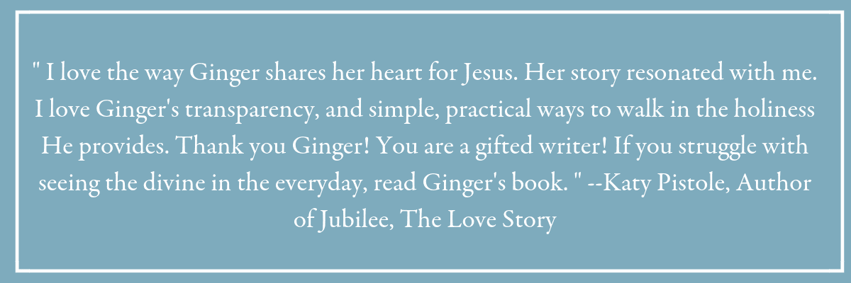 " I love the way Ginger shares her heart for Jesus. Her story resonated with me. I love Ginger's transparency, and simple, practical ways to walk in the holiness He provides. Thank you Ginger! You are a gifted writer! If you struggle with seeing the divine in the everyday, read Ginger's book. " --Katy Pistole, Author of Jubilee, The Love Story. Blue box with a quote from a reader of the book Holy in the Moment.