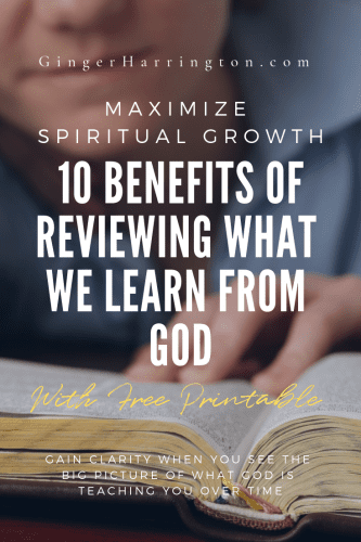 Discover the benefits of reviewing what you learn from God in your Quiet Time, devotions, or Bible study. Are you ready to maximize spiritual growth and start fresh this year with this powerful learning and journaling tool? Whether you journal with words, Bible journal with art, or keep study notes, this tool will ignite spiritual growth. Picture shows a close up of woman reading the Bible. #QuietTime #Spiritualgrowth #Biblestudy