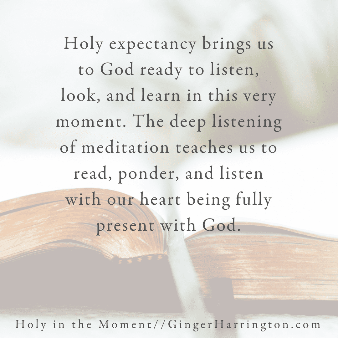 "Holy expectancy brings us to God ready to listen, look, and learn in this very moment. The deep listening of meditation teaches us to read, ponder, and listen with our hearts being fully present with God." This quote is from Chapter 8--Moments to Listen to God in the award-winning book, Holy in the Moment by Ginger Harrington. Join the online book club for the book!