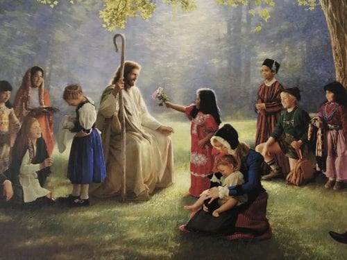 Picture of a painting of Jesus blessing the children. Children dressed in native attire from difference countries gather around Jesus illustrating a post on the importance of child-like faith. 