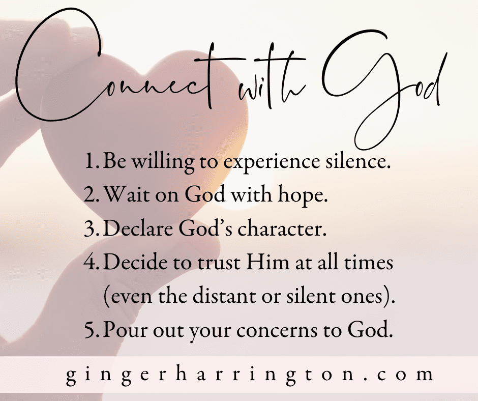  5 ways to connect with God from Psalm 62:5-8. Silence can deepen our relationship with God, but it isn’t always easy. Are you becoming more comfortable with silence in your relationship with God? #Spiritualgrowth #silenceandsolitude