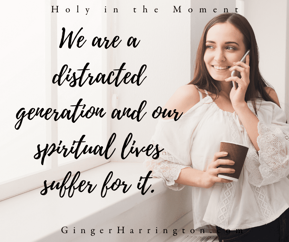 Woman looks out window and talks on cell phone to illustrate a quote on how distraction impacts our spiritual lives.