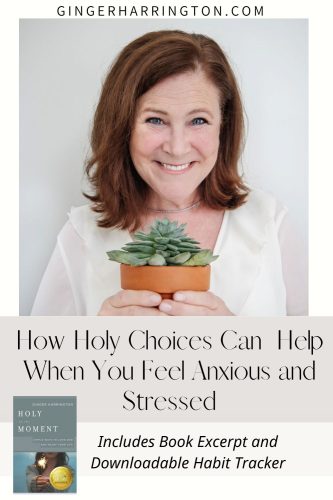 Woman in white shirt holds succulent plant to illustrate how choices can help relieve stress and anxiety.