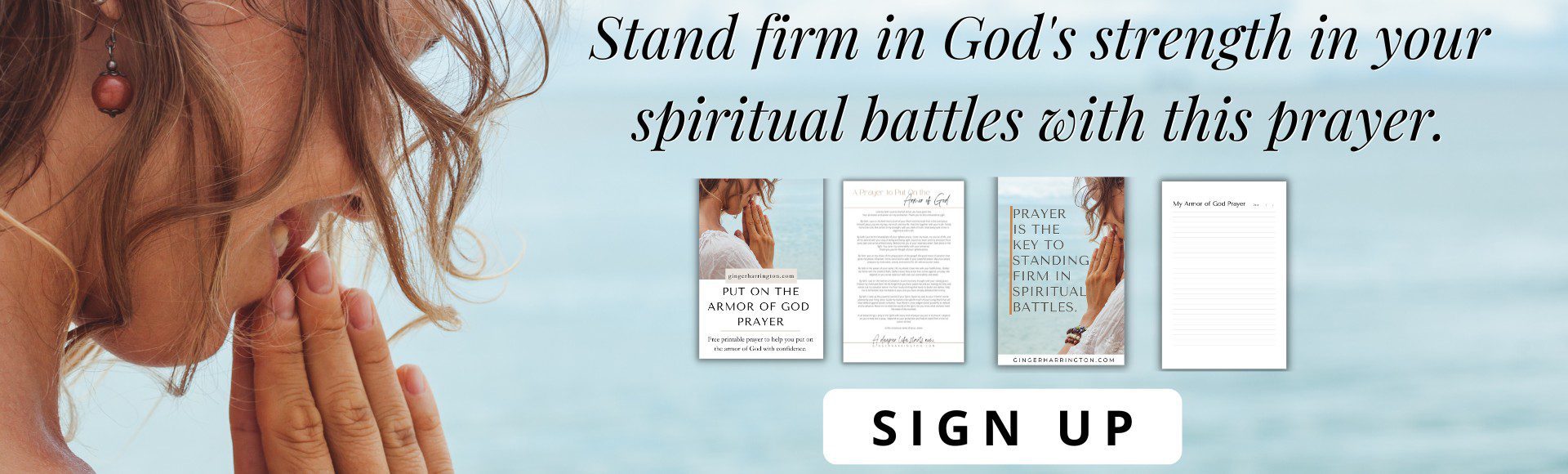 Woman praying by ocean is backdrop for a printable prayer to put on the armor of God.