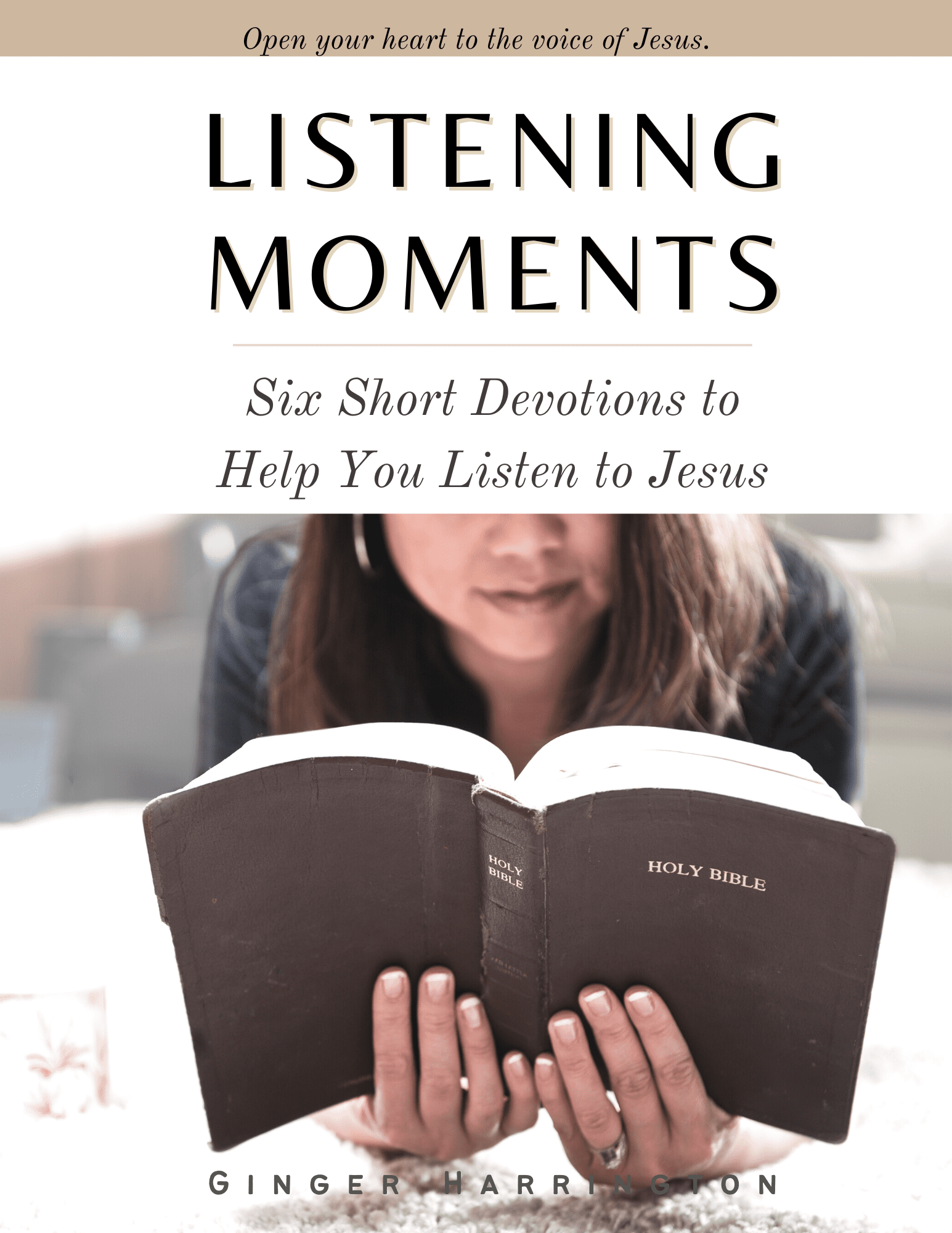Woman reading the Bible is the cover image for a devotional on listening to Jesus.