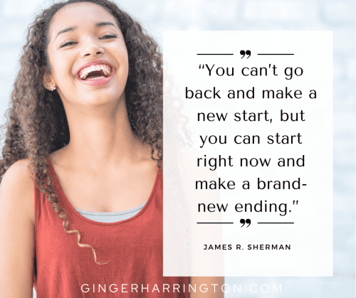 Woman laughing is background for motivating quote for getting started with healthy lifestyle.