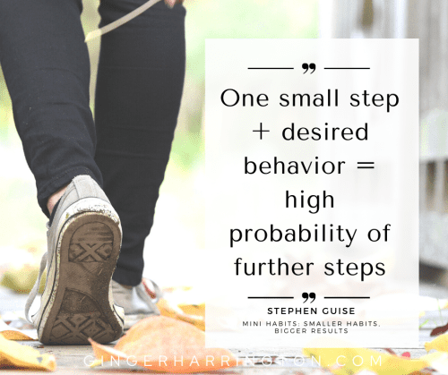 Feet walking in fall leaves illustrates motivating quotes on the importance of small steps to healthy lifestyle.