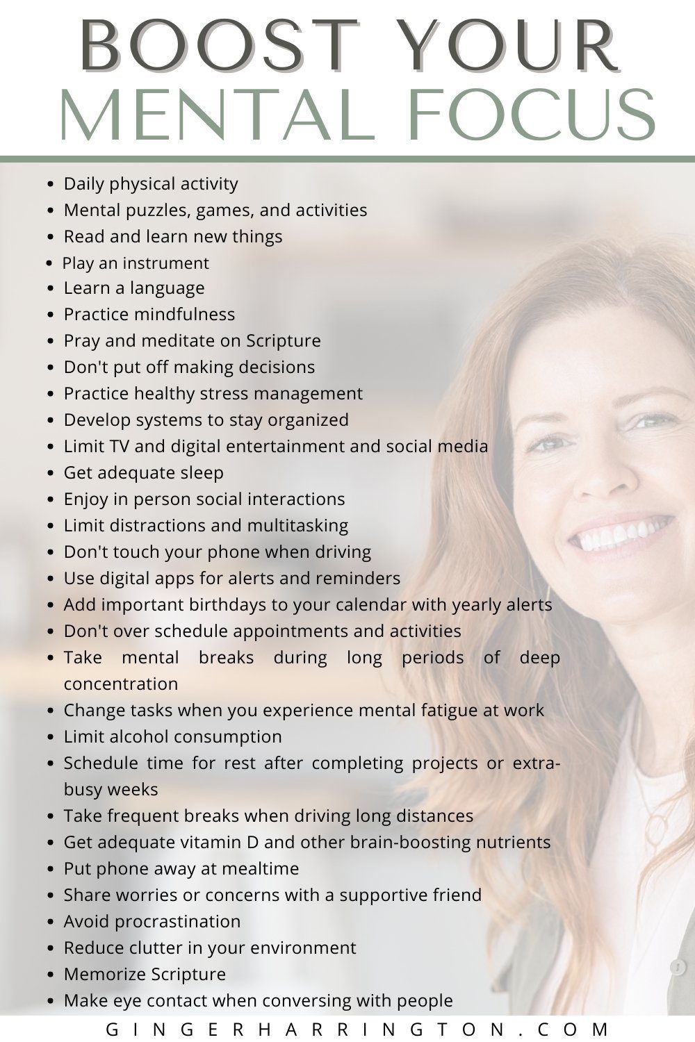 Smiling woman is background for a list of ways to increase mental focus.