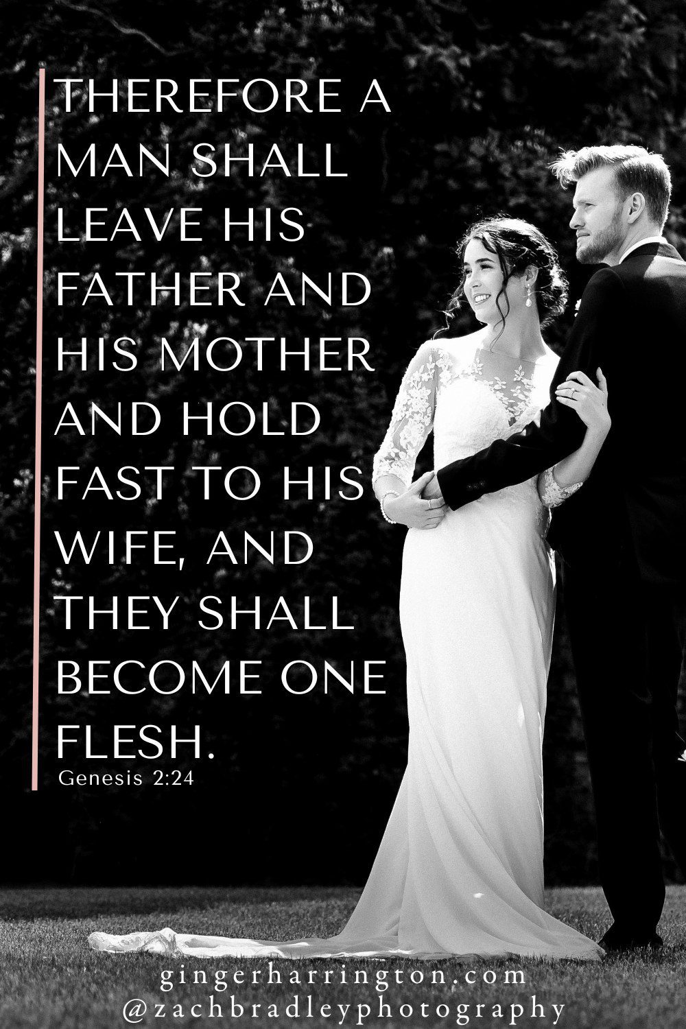 Bride and groom on wedding day illustrates Genesis 2:24, a popular verse for weddings