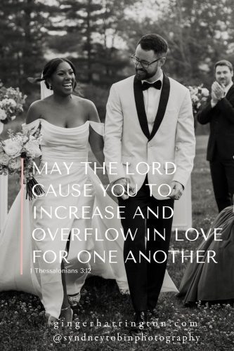 Happy bride and groom walking down the aisle is background for Bible verse to pray for marriage and marriage prayers.