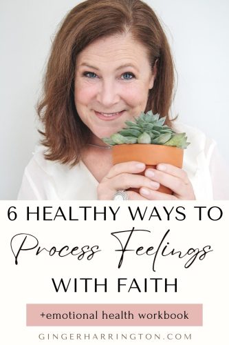 Author Ginger Harrington holds potted plant to illustrate article on healthy ways to process feelings.