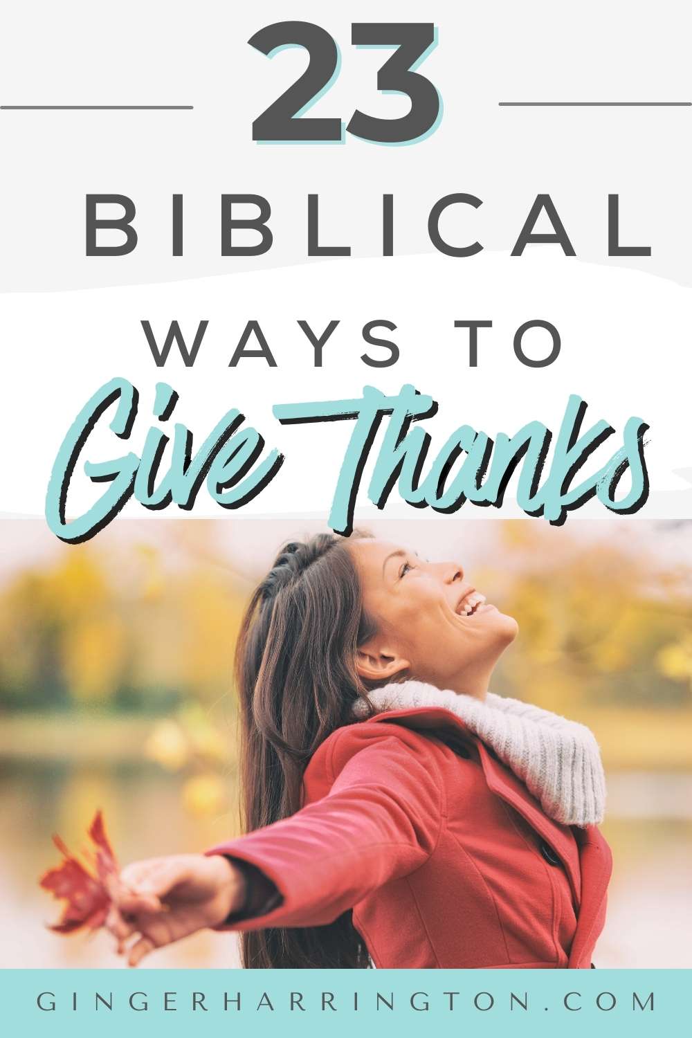 Woman in red jacket looks upward with happy face and extended arms to give thanks.