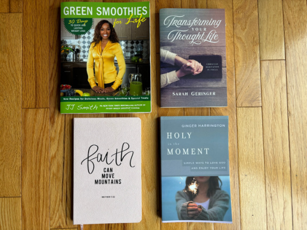 Four books featured in giveaway for healthy habit book bundle.