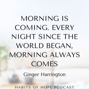 sofa in background of a quote from Ginger Harrington in Lori Schumaker's story of adoption and special-needs parenting.