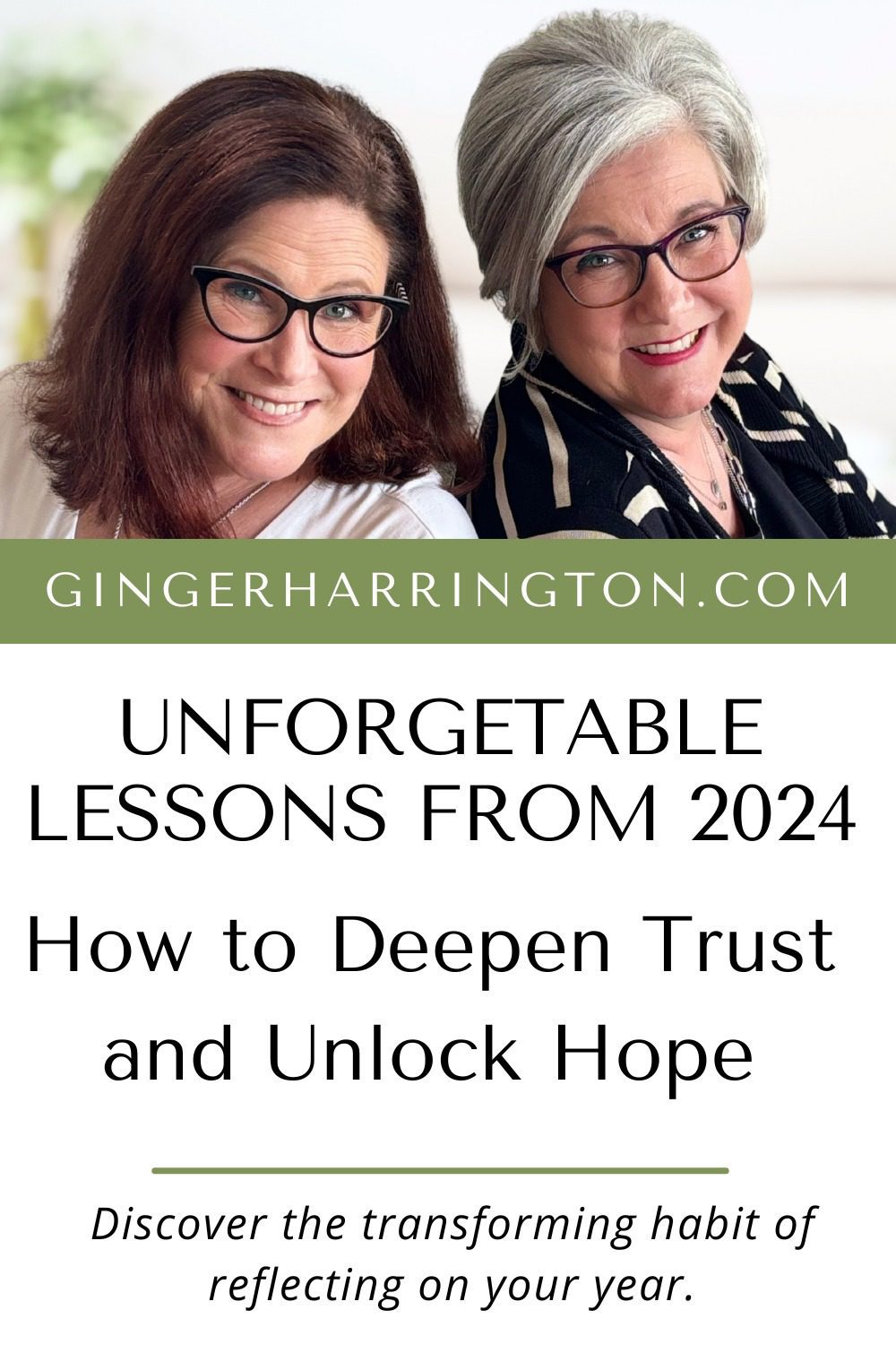 Podcast hosts Ginger Harrinton and Larissa Traquair look forward in a title graphic for post on Lessons learned in 2024