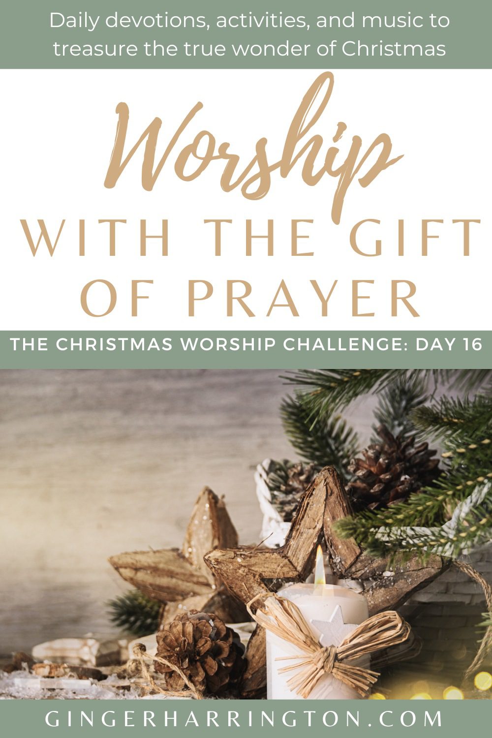 Christmas decor of candle, greenery, and wooden stars illustrate a post on a Christmas prayer tradition of giving gifts of scripture. 