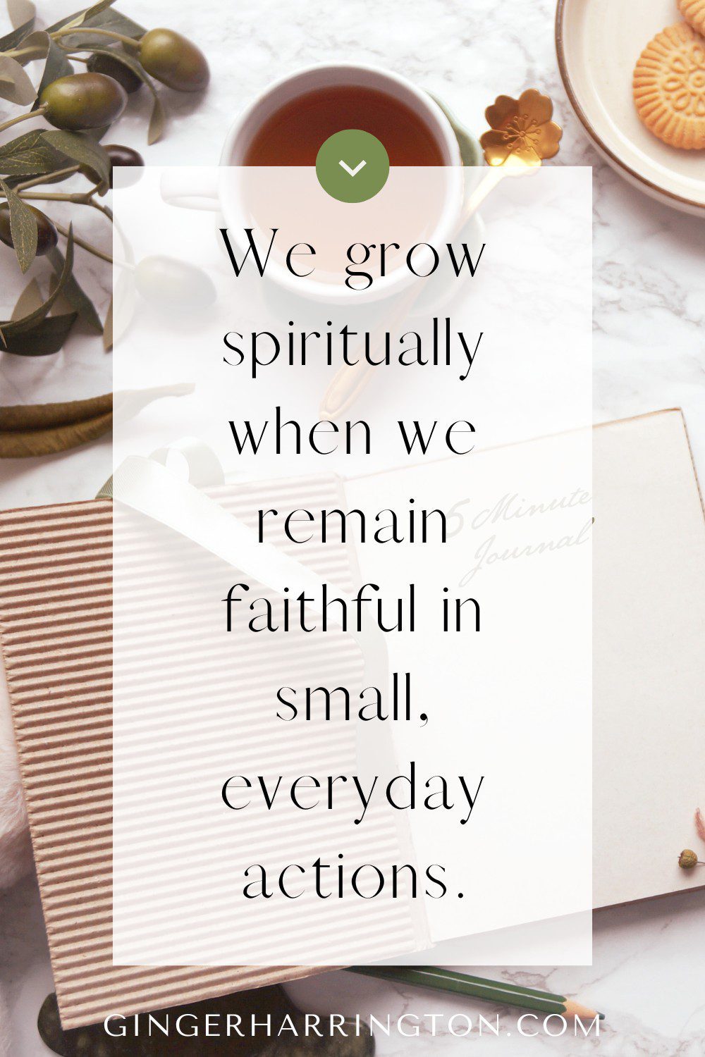 Desktop flat lay image with journal and cup of tea are background for quote on building building spiritual routines.