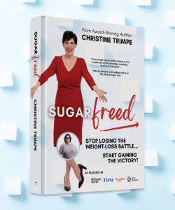 Book Cover for Sugar Freed Me with author Christine Trimpe in red dress.