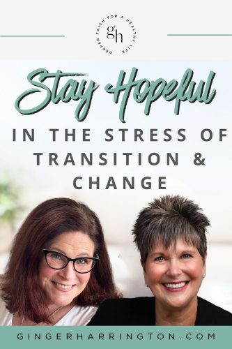 Ginger Harrington and Peg Arnold sit next to each other for interview on hope in transition.