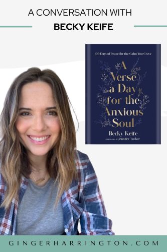 58_Becky Keife Book Cover Graphic Headshot of Author Becky Keife with navy blue cover of new book, A Verse a Day for the Anxious Soul
