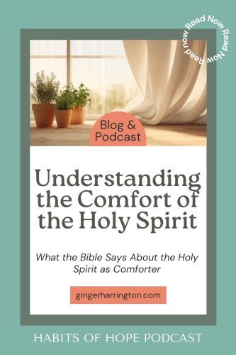 Minimalist blog graphic with soft window scene and text “Understanding the Comfort of the Holy Spirit