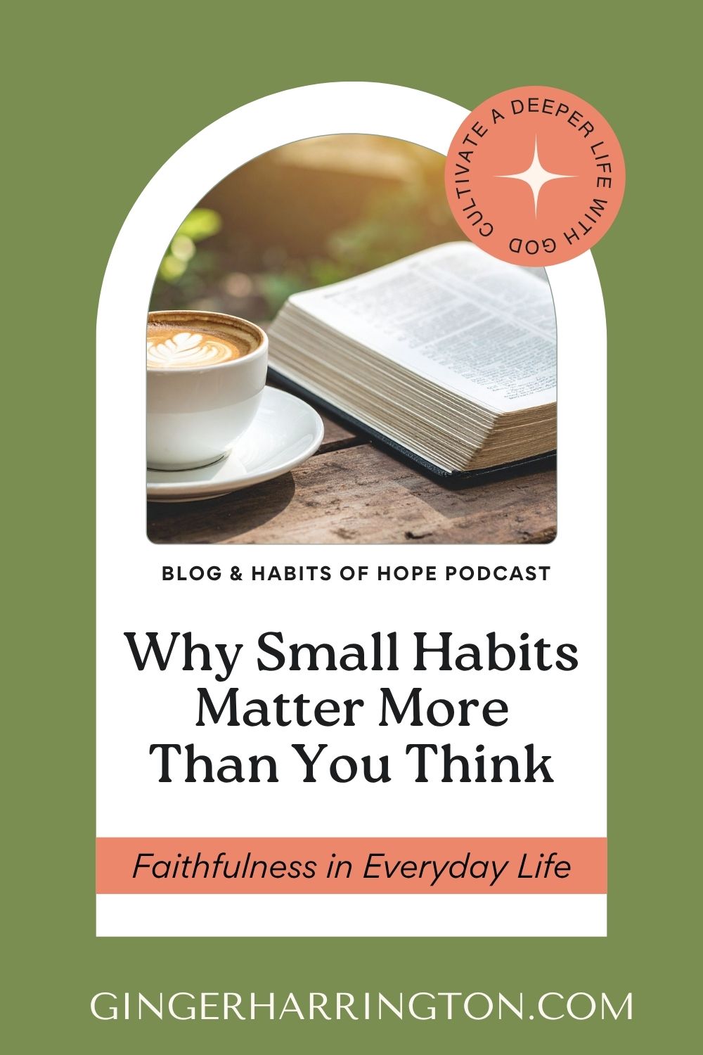 A styled blog graphic featuring a coffee cup beside an open Bible on a wooden table. The design includes the title “Why Small Habits Matter More Than You Think” and the subtitle “Faithfulness in Everyday Life,” with a soft green and cream color palette and the website gingerharrington.com.
